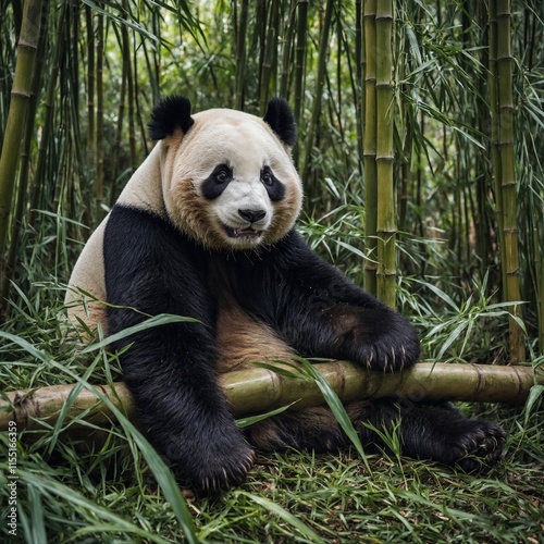 A giant panda resting in a mountainous bamboo forest.
