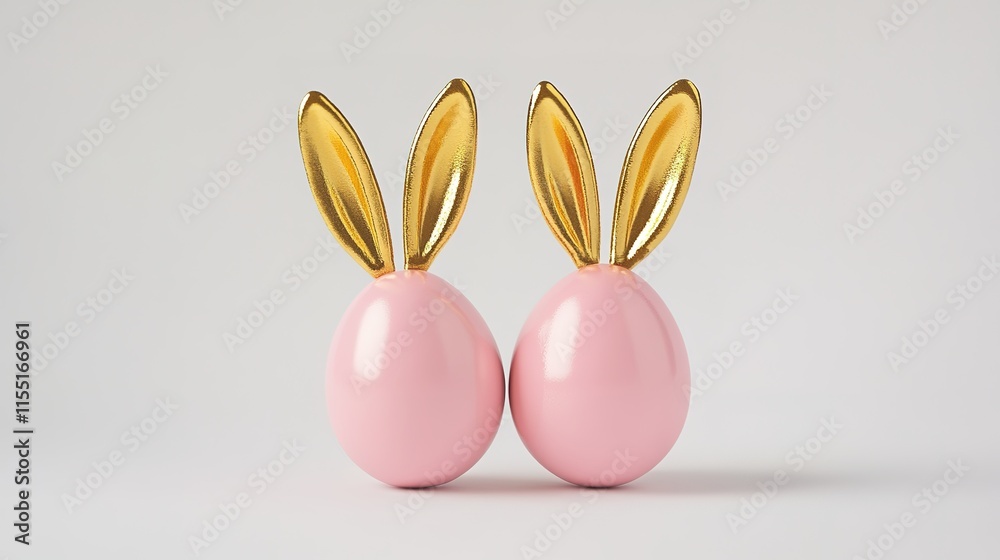 Fototapeta premium Pink eggs with golden rabbit ears, Easter concept on a white background 