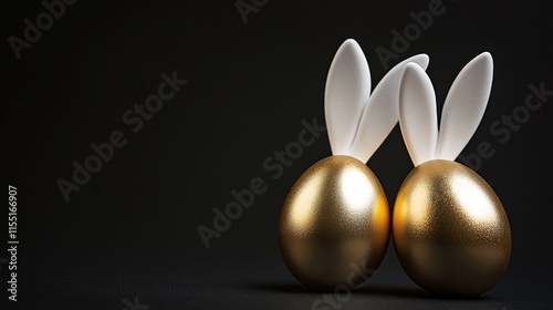 Two gold egg with white rabbit ears, Easter concept on a black background	
