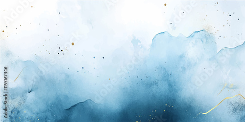 Abstract blue watercolor background with golden lines, vector illustration, white space in the center for text or design, white background