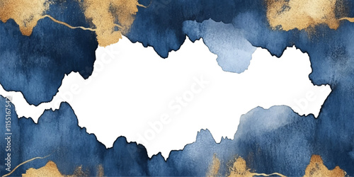 Abstract blue watercolor background with golden lines, vector illustration, white space in the center for text or design, white background