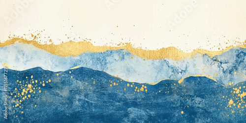 Abstract blue watercolor background with golden lines, vector illustration, white space in the center for text or design, white background