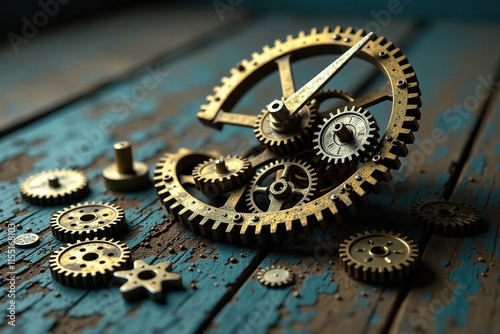A broken clockwork mechanism with gears and cogs scattered on the floor, inner turmoil, mechanical failure, decay