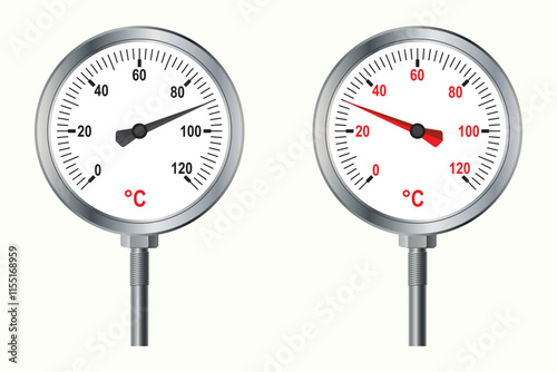 Physics, Temperature, degrees Celsius. Celsius, Fahrenheit thermometers. Round thermometer on white background. Circular metal thermometer. 