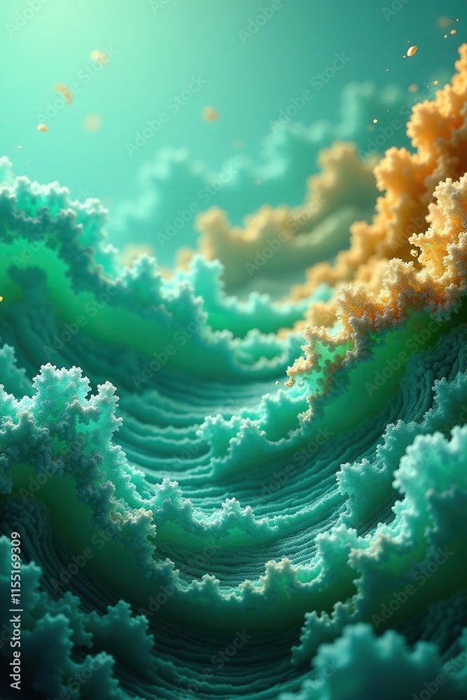 Fototapeta premium Abstract teal and gold wave background with wispy cloud formations, wispy, atmospheric