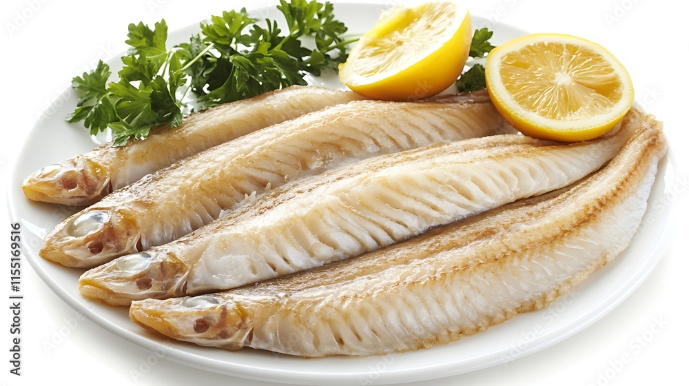 Herring fillets with lemon and parsley on a white plate