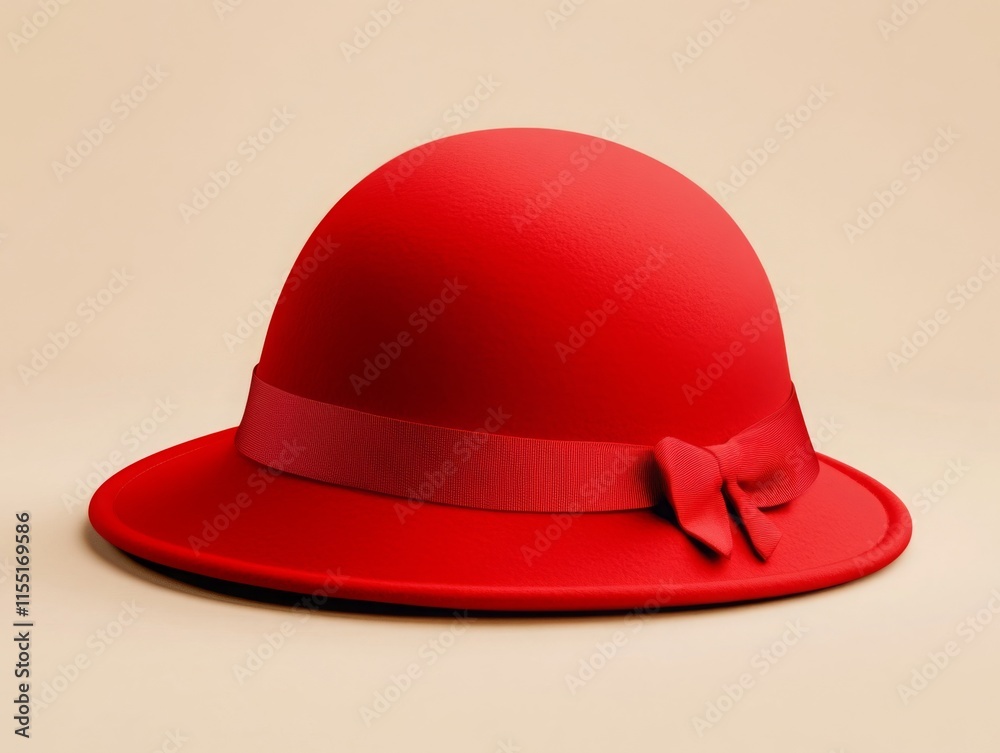 Fototapeta premium Red Cloche Hat with a decorative ribbon bow mockup isolated on a beige background.
