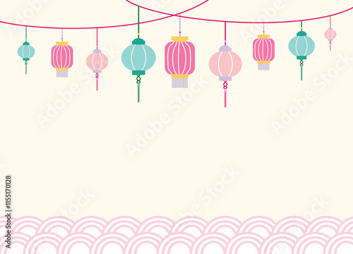 Classic green, pink lantern hanging light for background, card 
