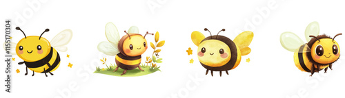 set of watercolor bee, simple design, white background