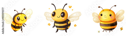 set of watercolor bee, simple design, white background