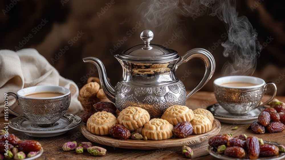 Elegant Silver Teapot with Steaming Tea and Traditional Pastries on Rustic Wooden Table Setting Elegant Silver Teapot with Steaming Tea and Traditional Pastries on Rustic Wooden Table Setting