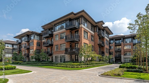 Modern residential buildings with landscaped surroundings and clear blue skies.