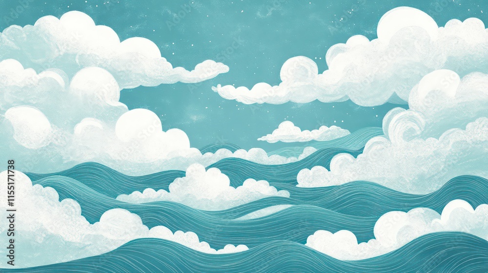 Dreamy illustration of a teal ocean and sky with fluffy white clouds. Dreamy illustration of a teal ocean and sky with fluffy white clouds.