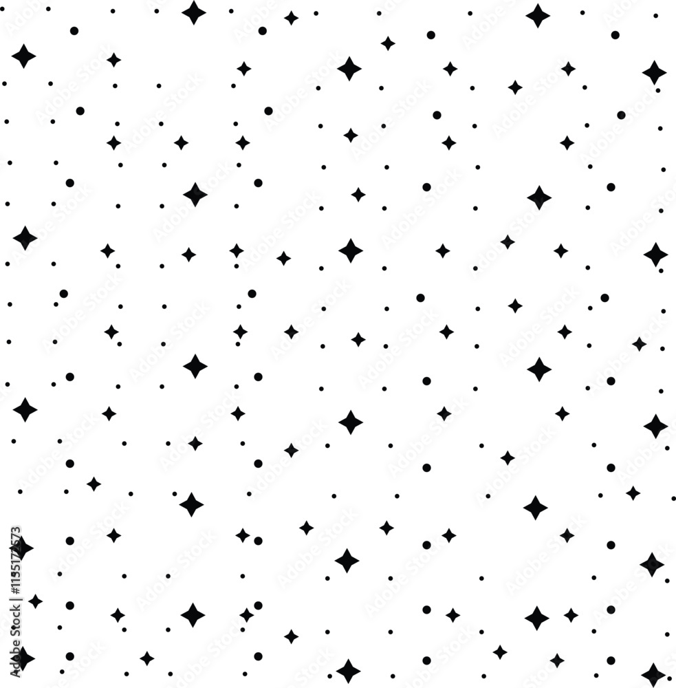 Seamless Star Pattern Featuring Four Point Stars on White Night Sky Vector Illustration Seamless Star Pattern Featuring Four Point Stars on White Night Sky Vector Illustration