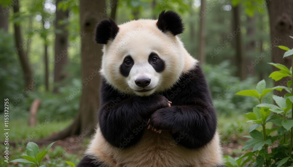 Panda doing a stretching yoga pose, with a calm and focused expression, in a tranquil forest setting Panda doing a stretching yoga pose, with a calm and focused expression, in a tranquil forest setting