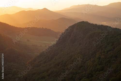 Wonderfull sunrise in Wollumbin National Park. View towards Cedar Creek and Byron Bay in NSW Australia. photo