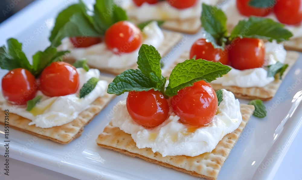 A plate of cracker squares with cream cheese and cherry tomatoes, Generative AI A plate of cracker squares with cream cheese and cherry tomatoes, Generative AI