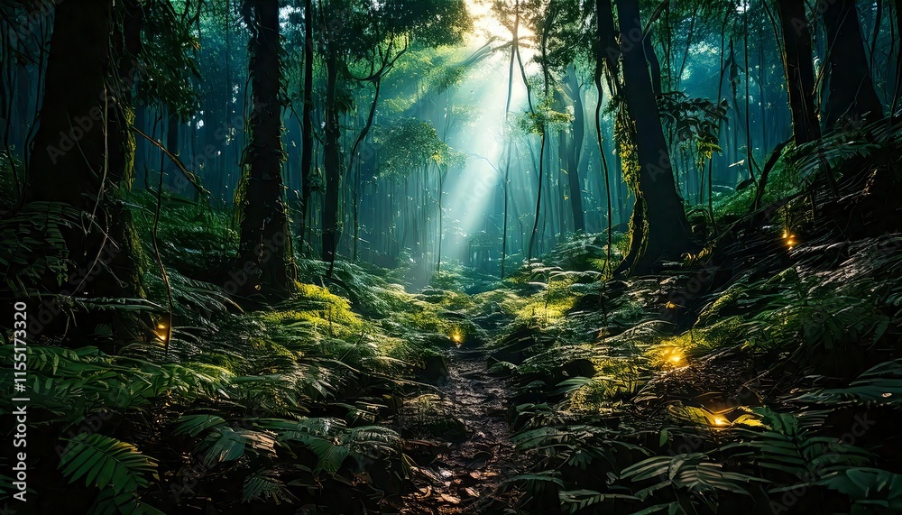 Obraz premium A Dense Forest Illuminated by Starlight Filtering Through the Canopy, with Glowing Plants and Fungi