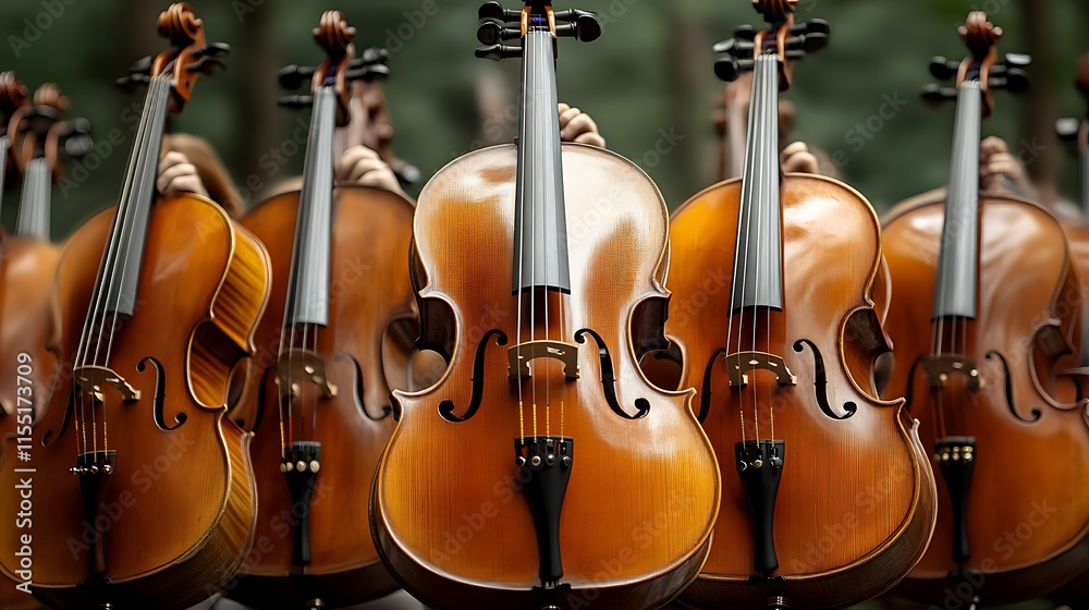 Many cellos held by musicians outdoors.