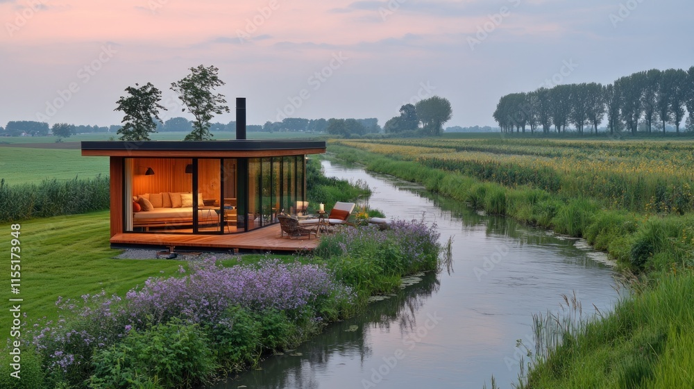 Modern cabin nestled beside a tranquil river, surrounded by lush greenery, at sunset. Modern cabin nestled beside a tranquil river, surrounded by lush greenery, at sunset.