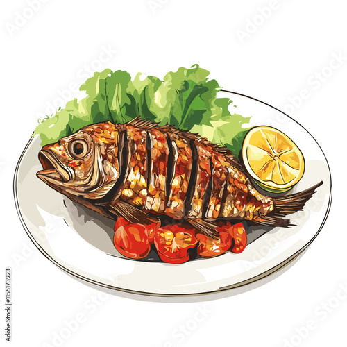 Ikan Bakar Indonesian Grilled Fish on Banana Leaf Vector Illustration