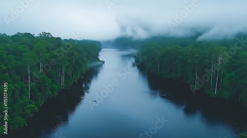 Misty river flowing through lush rainforest.