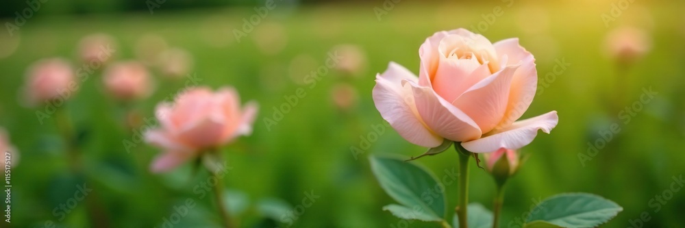 A delicate, pale pink rose unfolding its petals in a lush green field of flowers, nature, blossoms, soft A delicate, pale pink rose unfolding its petals in a lush green field of flowers, nature, blossoms, soft