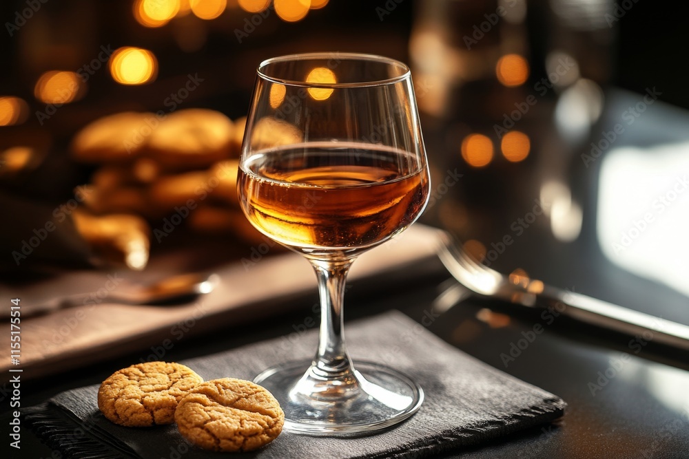 Naklejka premium Elegant Amber Drink with Cookies, Perfect Evening Mood