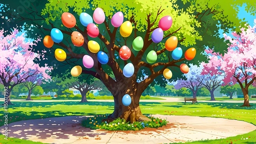 A colorful Easter egg tree in the center of a lively park, holiday promo poster Easter sale banner background, vibrant colors, romantic love and harmony photo