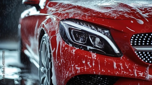  Close-up of a red  car being washed with soap