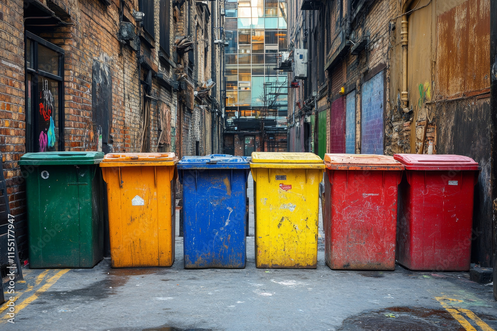 Colorful Trash Bins in Urban Alley Colorful Trash Bins in Urban Alley