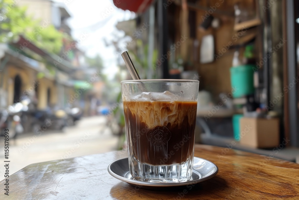Iced Coffee in a Vibrant Street Cafe Iced Coffee in a Vibrant Street Cafe