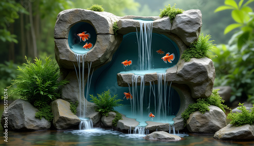 two-meter-high ornamental waterfall made with natural stones and with betta fish aquariums embedded in the stones photo