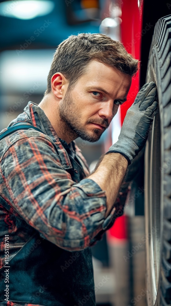 Obraz premium Mechanic inspecting truck tire in repair shop