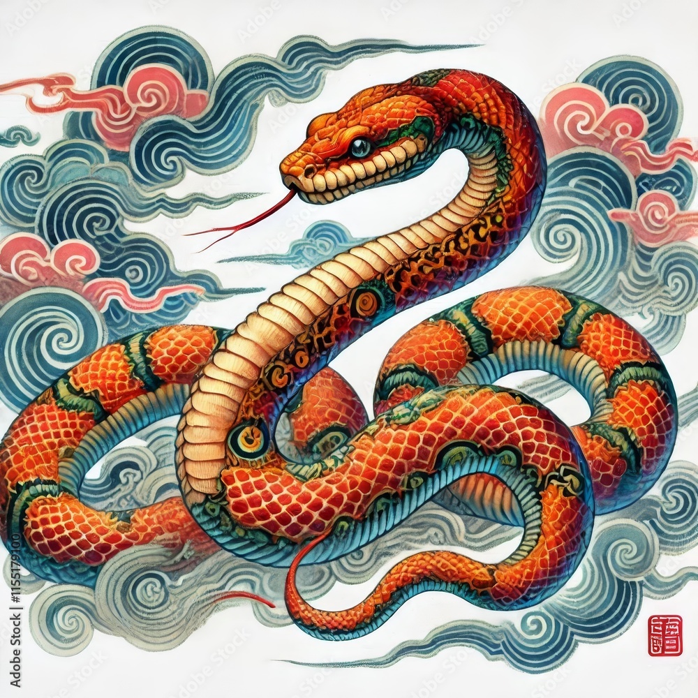 Fototapeta premium Chinese Zodiac Snake Sign - Year of the Snake - Cycle of Animals and Chinese Calendar - Asian Zodiac and Astrology - New Year Animal - Water, Earth, Wood, Metal and Fire - Watercolor Painting