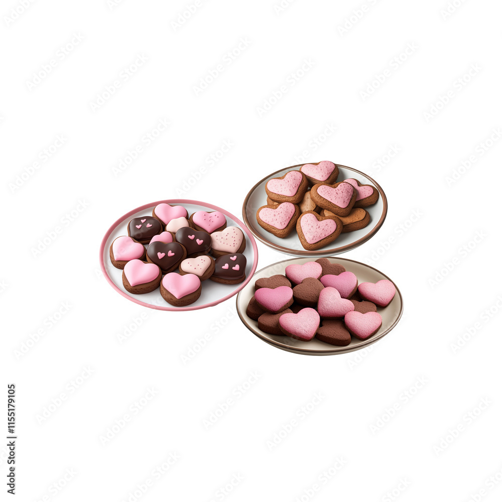 3D rendering of heart-shaped cookies on a plate, isolated on a white background 3D rendering of heart-shaped cookies on a plate, isolated on a white background