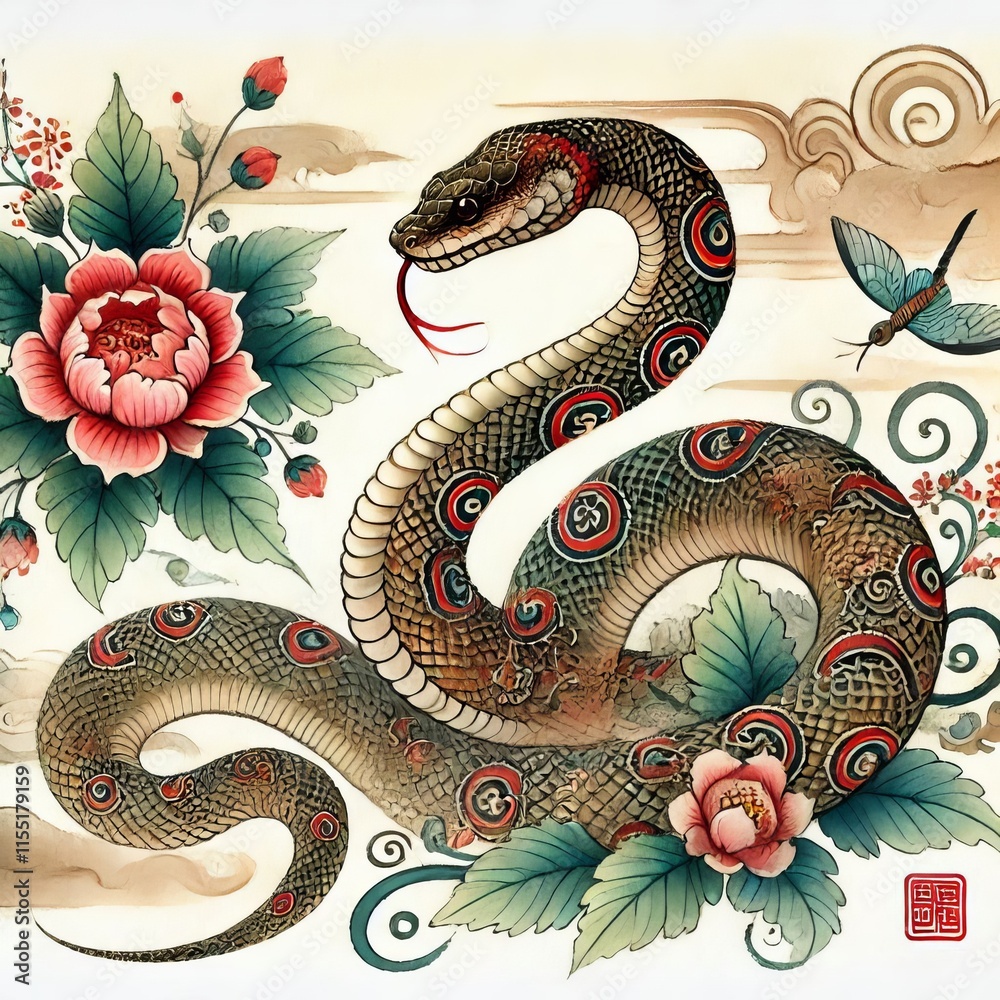 Obraz premium Chinese Zodiac Snake Sign - Year of the Snake - Cycle of Animals and Chinese Calendar - Asian Zodiac and Astrology - New Year Animal - Water, Earth, Wood, Metal and Fire - Watercolor Painting