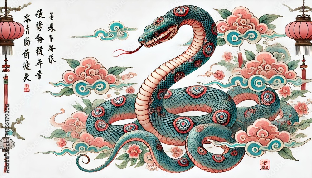 Obraz premium Chinese Zodiac Snake Sign - Year of the Snake - Cycle of Animals and Chinese Calendar - Asian Zodiac and Astrology - New Year Animal - Water, Earth, Wood, Metal and Fire - Watercolor Painting