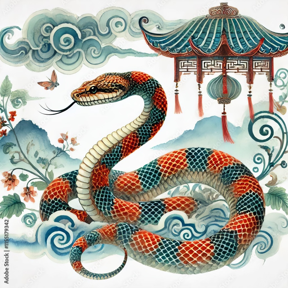 Obraz premium Chinese Zodiac Snake Sign - Year of the Snake - Cycle of Animals and Chinese Calendar - Asian Zodiac and Astrology - New Year Animal - Water, Earth, Wood, Metal and Fire - Watercolor Painting