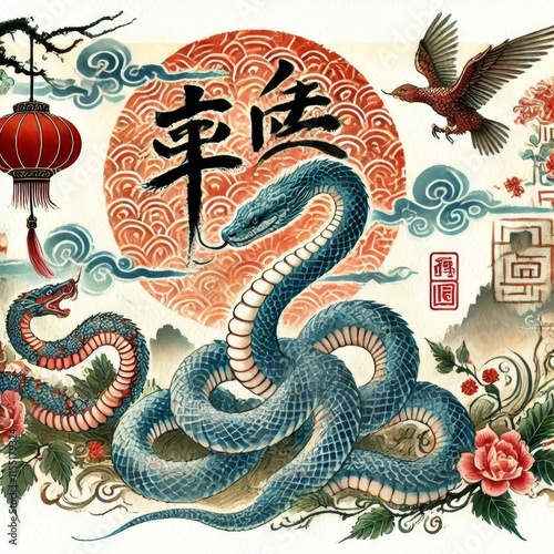 Chinese Zodiac Snake Sign - Year of the Snake - Cycle of Animals and Chinese Calendar - Asian Zodiac and Astrology - New Year Animal - Water, Earth, Wood, Metal and Fire - Watercolor Painting