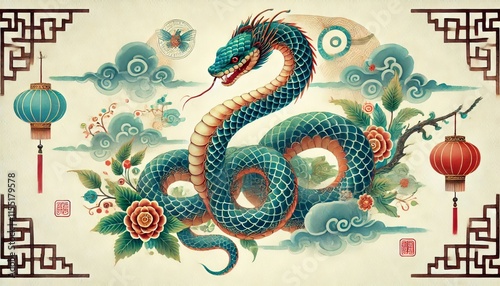 Chinese Zodiac Snake Sign - Year of the Snake - Cycle of Animals and Chinese Calendar - Asian Zodiac and Astrology - New Year Animal - Water, Earth, Wood, Metal and Fire - Watercolor Painting