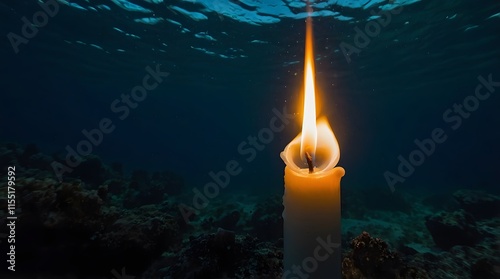 A single candle flame burns brightly underwater, creating a mesmerizing reflection on the water's surface, symbolizing resilience and the coexistence of fire and water photo