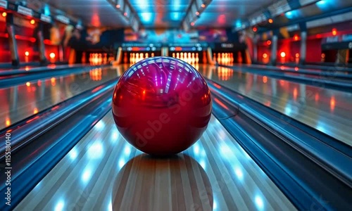 A shiny red bowling ball positioned on a well-lit bowling lane.