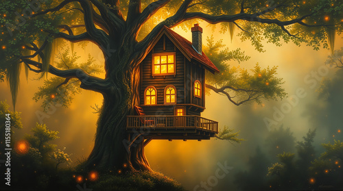 illustration of a magic tree house in watercolor photo