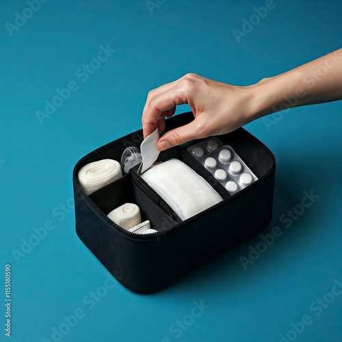  A hand organizing a first aid kit, ensuring all essential supplies are readily available, Hand, first aid kit, bandages, gauze, medications, safety, emergency preparedness, organization, neatness, ef photo