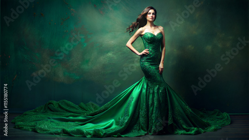 A glamorous woman in a flowing green gown exudes elegance and confidence. This haute couture fashion portrait showcases sophistication, beauty, and a regal presence in a cinematic setting