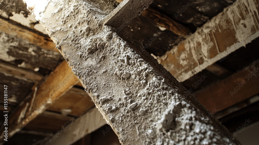 Texture of a Weathered Concrete Beam with Cracked Surface and Exposed Wooden Structure in an Abandoned Building Interior Texture of a Weathered Concrete Beam with Cracked Surface and Exposed Wooden Structure in an Abandoned Building Interior