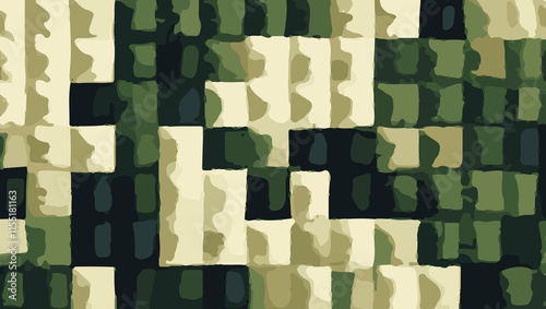 Abstract grunge square bricks design background. green, dark green, cream and black color Color square pattern. composition of irregular overlapping graphic elements.green pattern of uneven squares. 