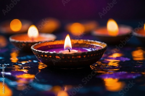 Close-up of lit diyas, traditional Indian oil lamps, on a dark purple blurry bokeh background. Peaceful serene candles burning. Diyo, deya, deeya, dia, divaa, deepa, deepam, deep, deepak, saaki. photo