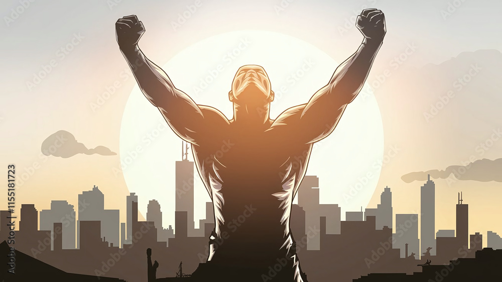 A striking silhouette of a person standing triumphantly with arms raised against a gradient sky, symbolizing victory, strength, and achievement in an empowering illustration. A striking silhouette of a person standing triumphantly with arms raised against a gradient sky, symbolizing victory, strength, and achievement in an empowering illustration.